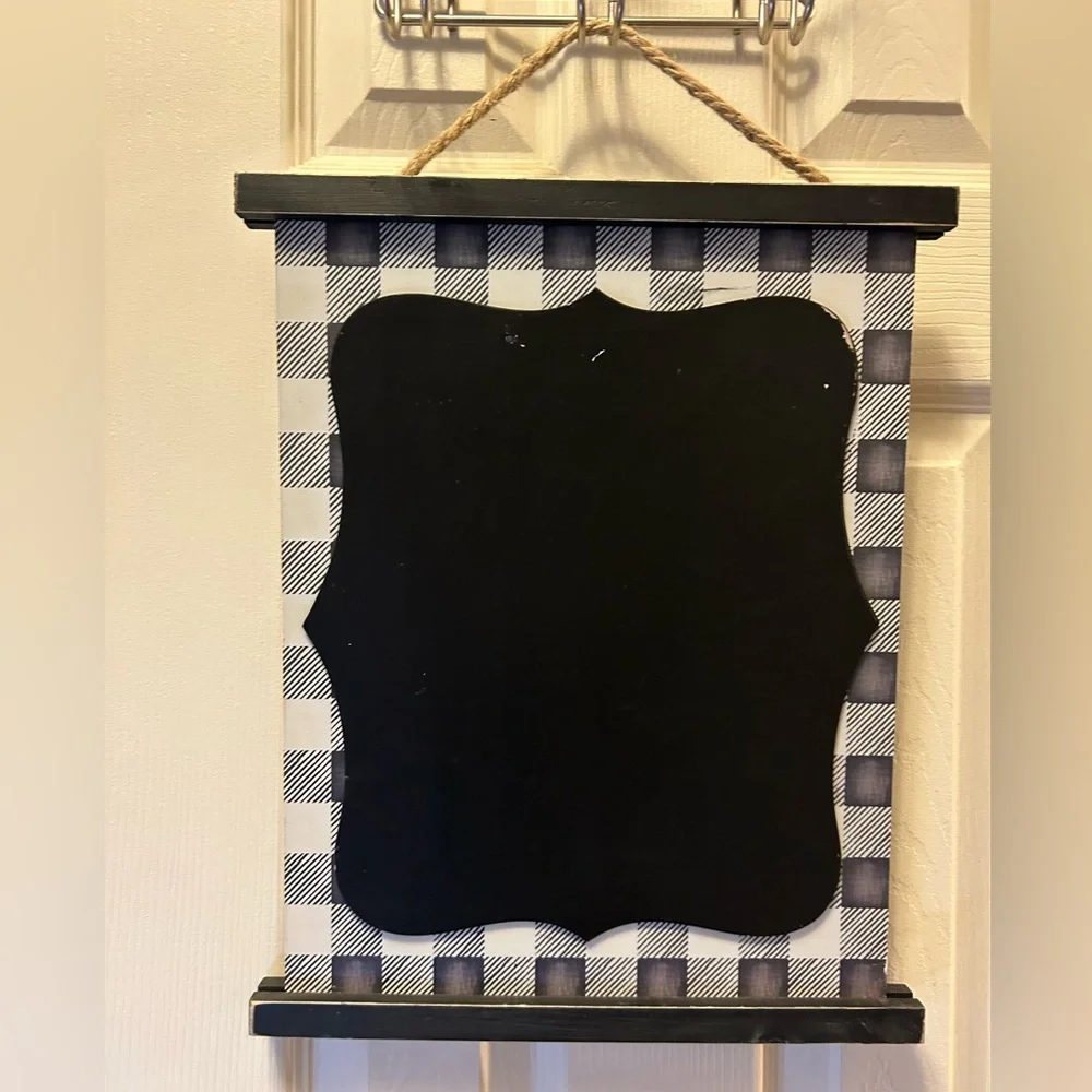 Hanging Chalkboard Message Sign Black & White Checkered Wooden Buffalo Plaid